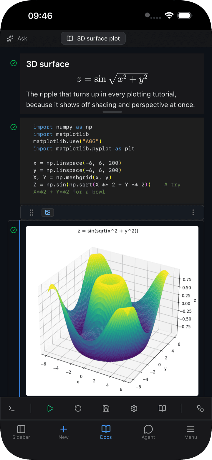 Circuitry on iPhone, the notebook that came back: a heading, the equation, the code, and the 3D surface it plotted