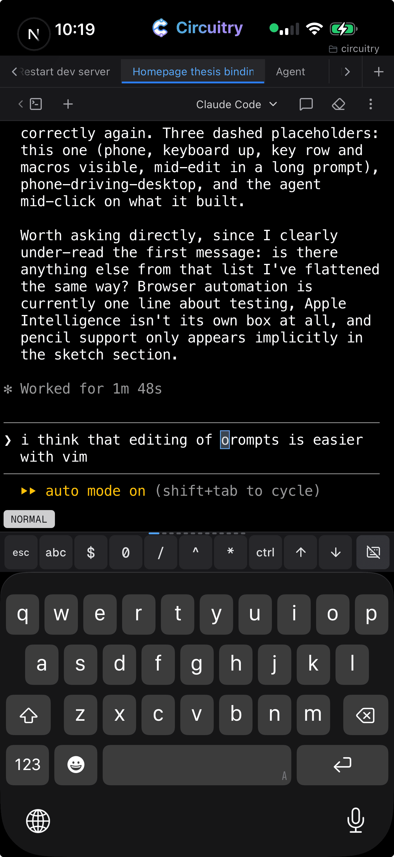 A phone terminal in vim normal mode, editing a long prompt