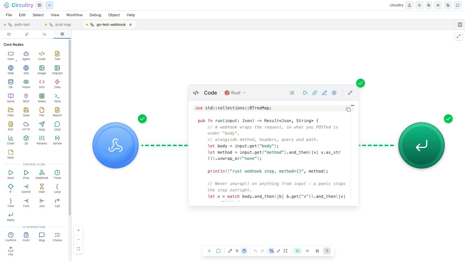 A workflow of webhook, Rust code and reply nodes, all showing a completed run