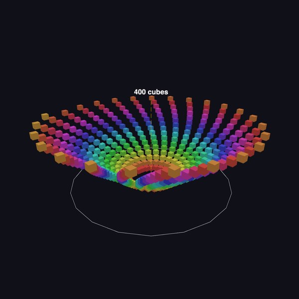 Cube Spiral: 400 cubes in a rainbow spiral, turning.