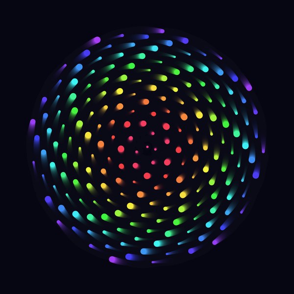 Spiral Garden: 200 coloured dots on the golden angle, turning and leaving trails.