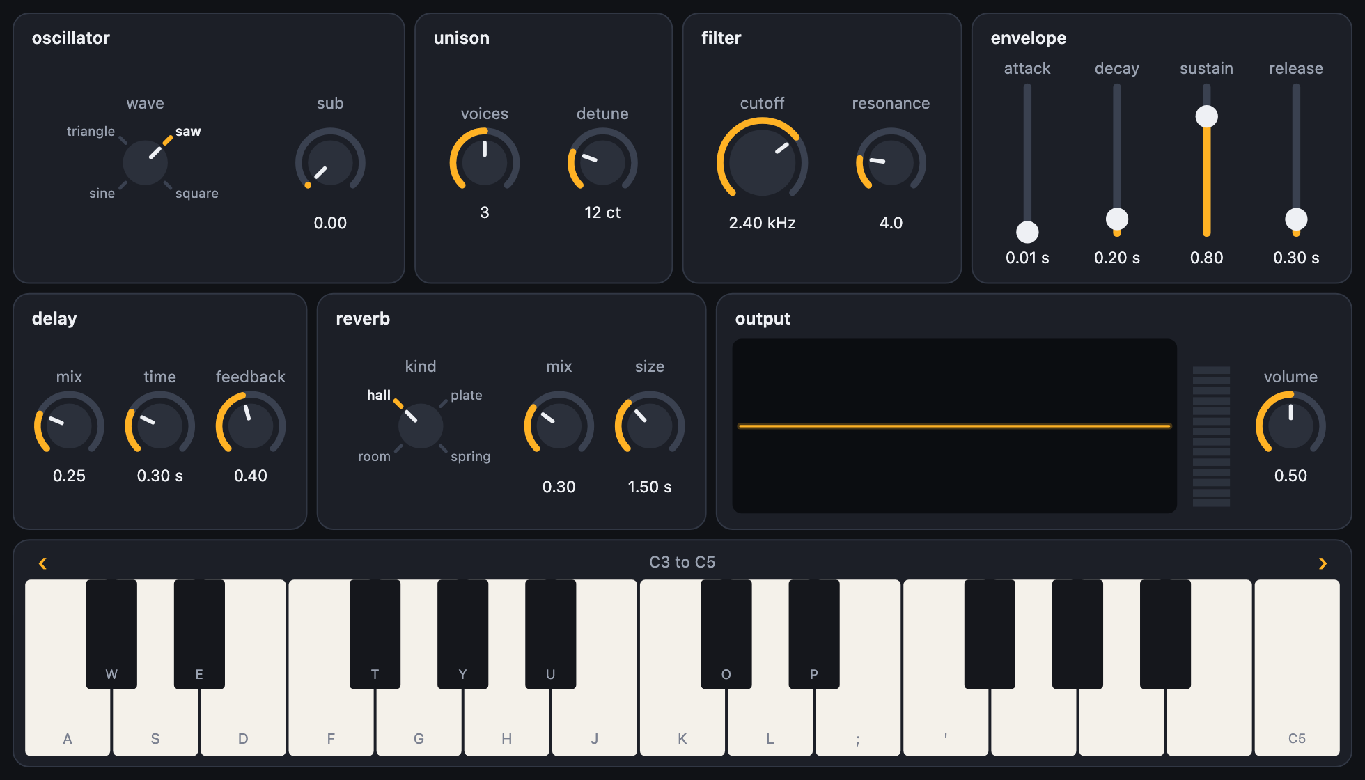 A front panel in seven groups: oscillator, unison, filter, envelope, delay, reverb and output plates above a piano keyboard