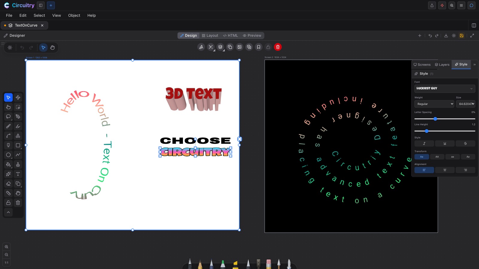 Two artboards in the Designer: text following an S-curve, 3D extruded lettering and gradient text on one, text set around a spiral on the other, with the Style panel's typography controls open on the right