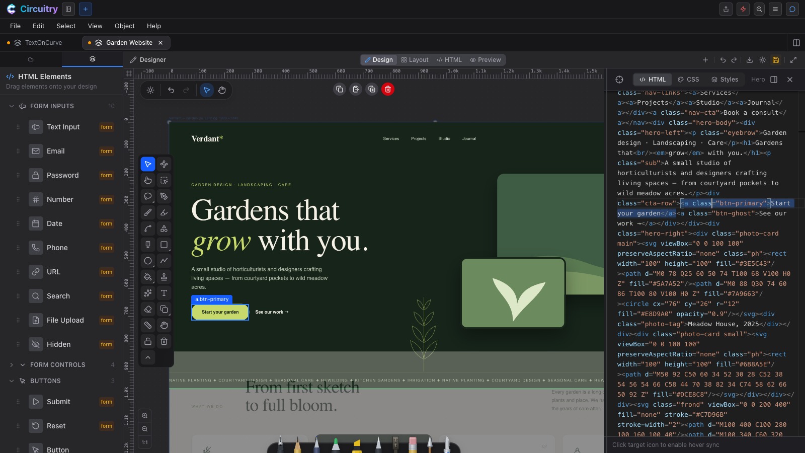 A rendered web page on the Designer canvas with a button selected, its markup highlighted in the HTML panel on the right, and the drag-in element palette on the left