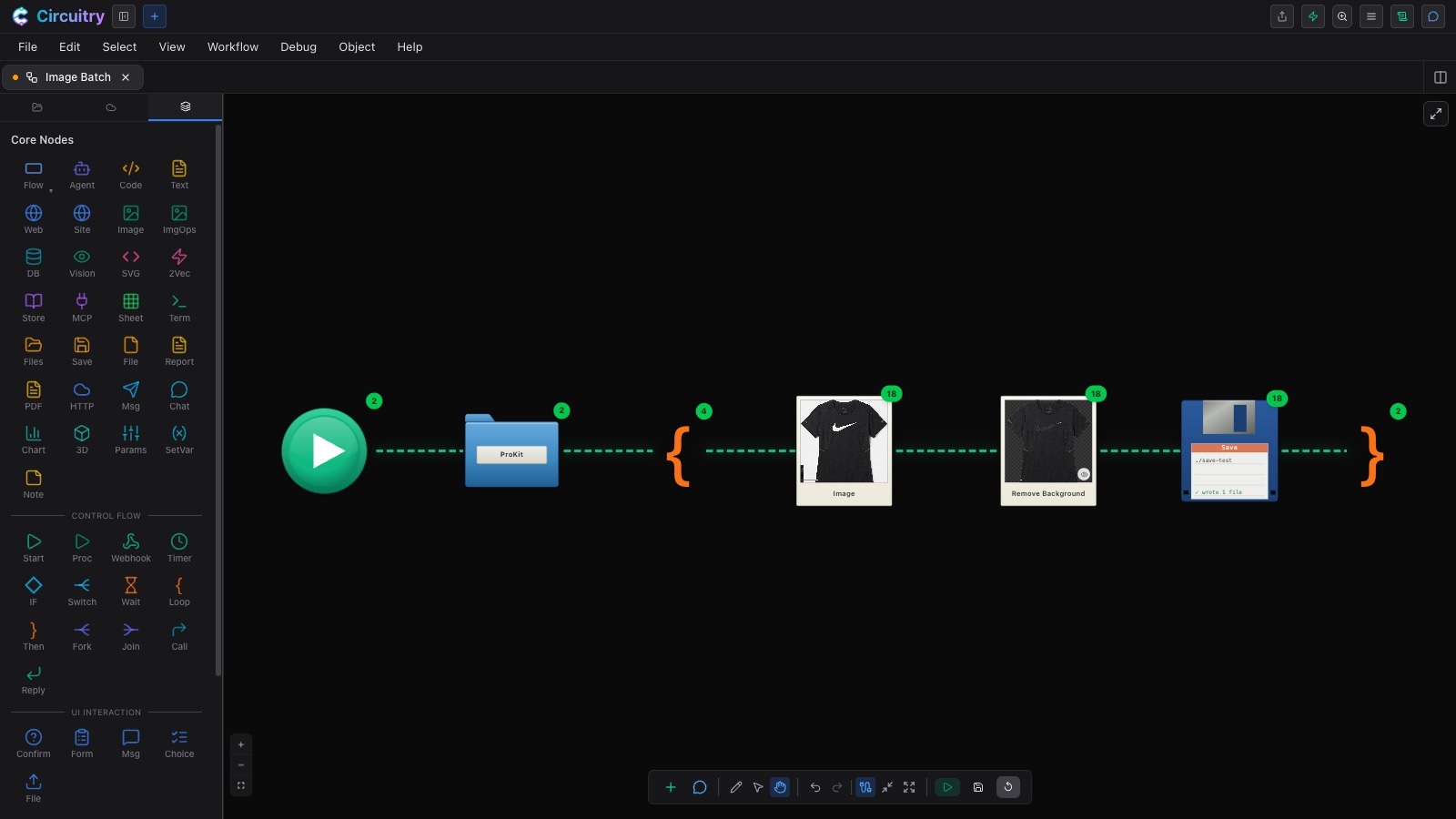 A workflow named Image Batch: a start node into a folder of product photos, a loop, an Image node showing a t-shirt, a Remove Background node showing the same t-shirt cut out, and a Save node writing to ./save-test, with per-node run counts on each.