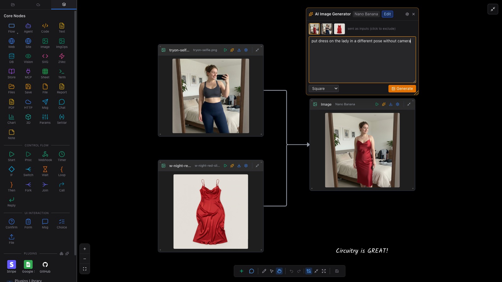 Two image nodes on the canvas — a mirror selfie and a red slip dress — wired into an AI Image Generator whose prompt reads 'put dress on the lady in a different pose without camera'. Both source pictures appear as thumbnails above the prompt, labelled 'sent as inputs', and the generated result sits in an Image node below.