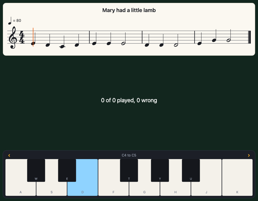 The play-along scene: the music at the top with a line at the first note, and piano keys below with the key to press lit