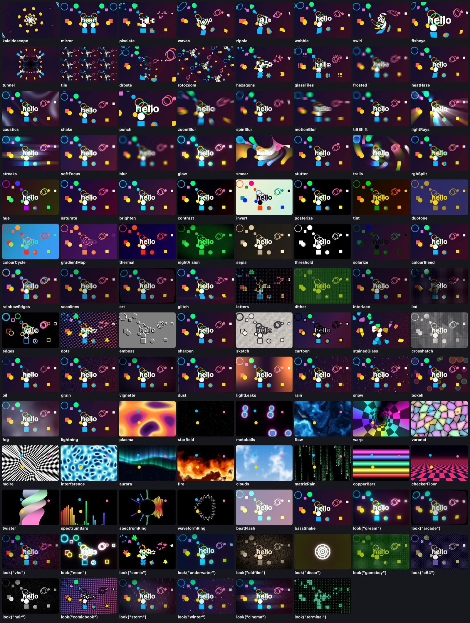 A sheet of small pictures: every one of the 94 effects and 16 looks, each on the same small scene of coloured shapes