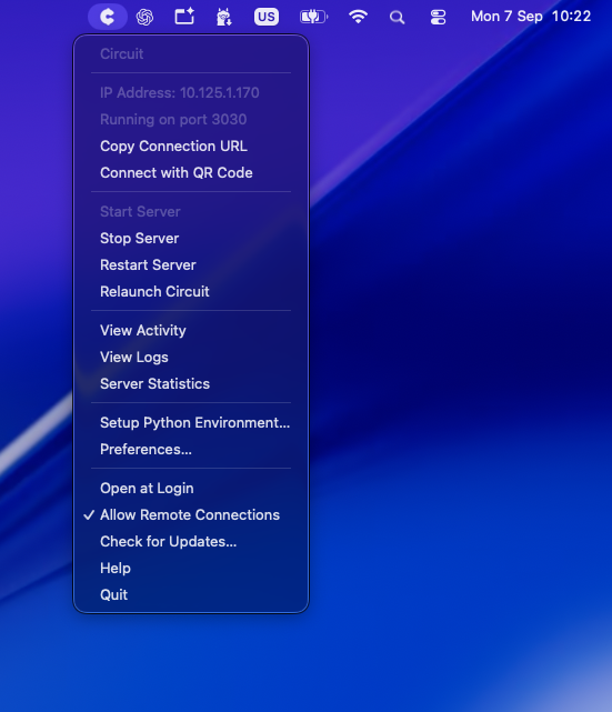 The Circuit menu bar app on macOS, showing the connection URL and QR code pairing
