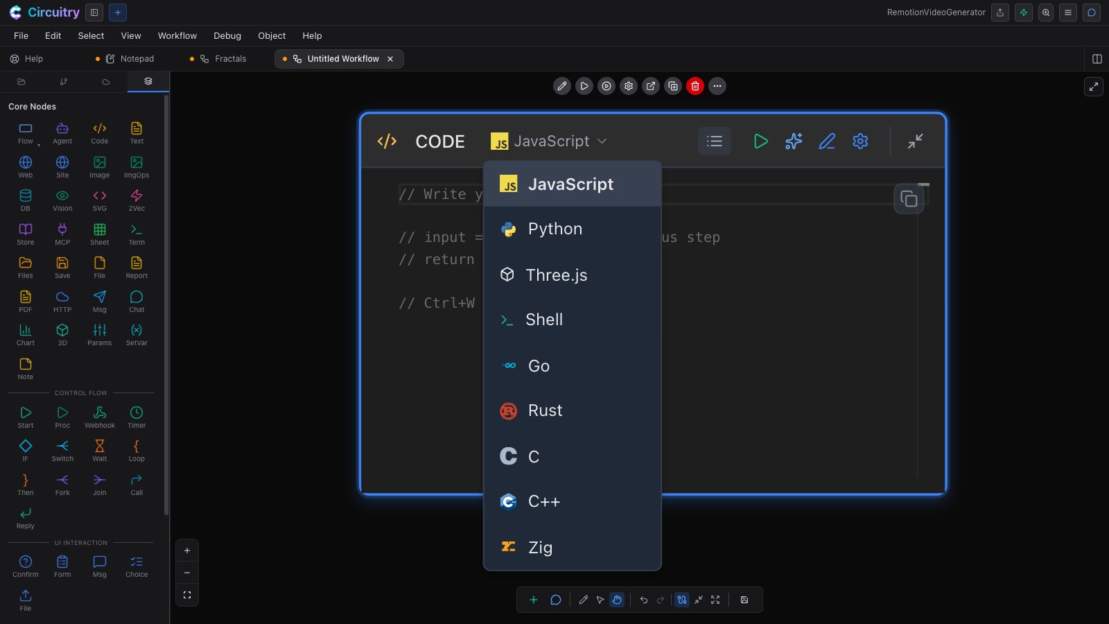 A Code step on the workflow canvas with its language menu open: JavaScript, Python, Three.js, Shell, Go, Rust, C, C++ and Zig