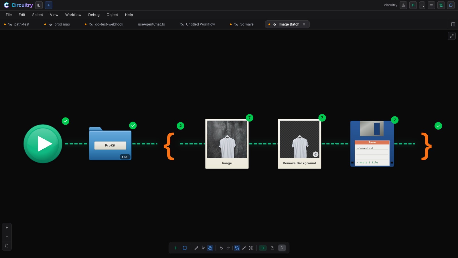 A workflow reading a folder of photos, looping over each one, removing its background with AI and saving the result, with per-node run counts